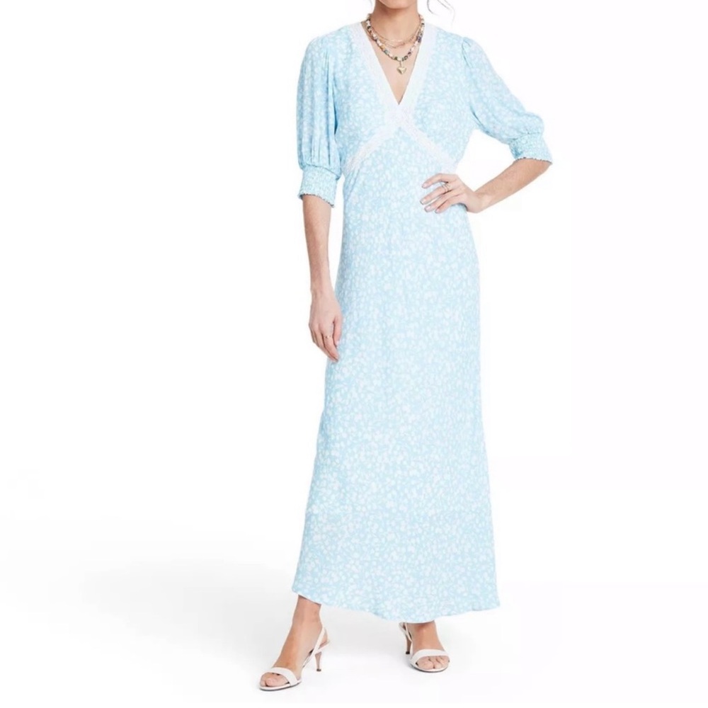 Rixo Blue Floral Maxi Dress with Lace Trim